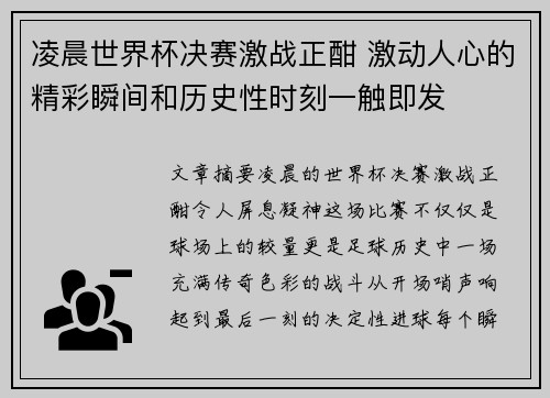 凌晨世界杯决赛激战正酣 激动人心的精彩瞬间和历史性时刻一触即发
